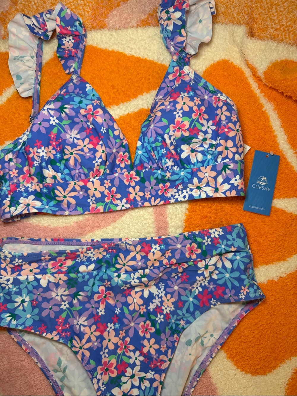 Cupshe Purple Floral Ruffle-Strap Bikini Set